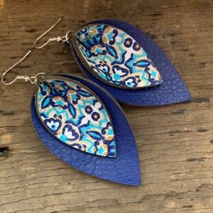 Jill's Jewels - Blue Mosaic Double Layered Petal Leather Earrings - New with Tag